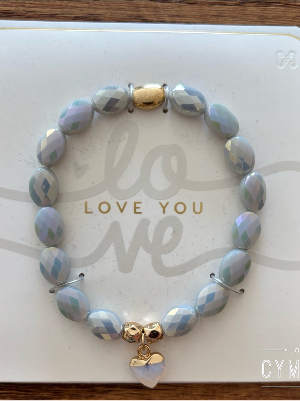 Coco + Carmen Iridescent Light Blue with Gold Beaded Heart Charm Bracelet